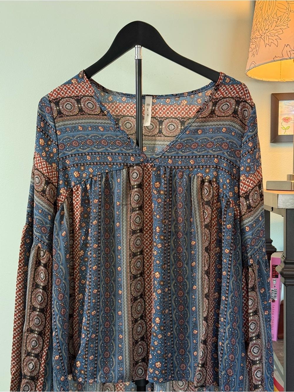 MTS Boho Blue Print Top Size S NWOT